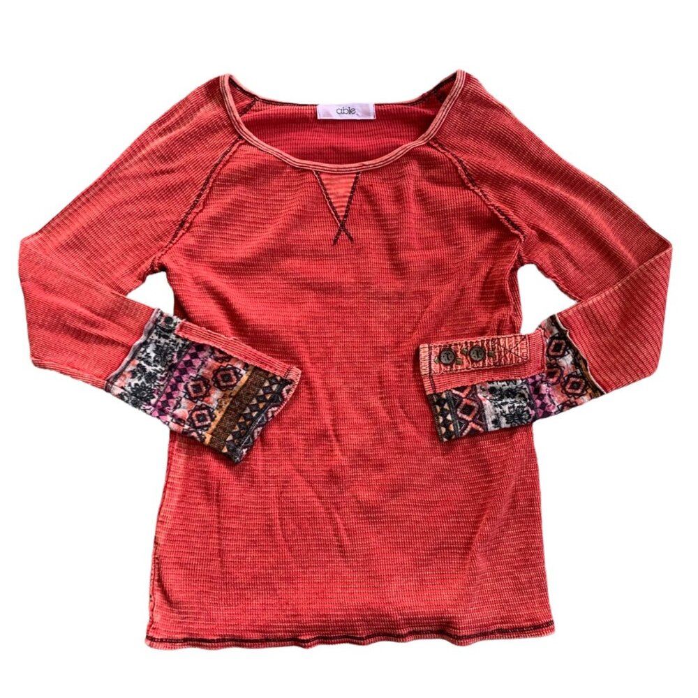 American Able Waffle Knit Boho Thermal Top XL